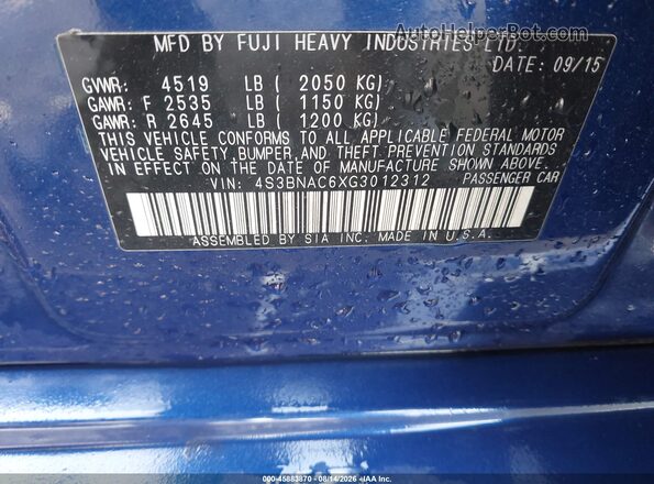 4S3BNAC6XG3012312 2016 SUBARU LEGACY Blue Вид підкапотного простору