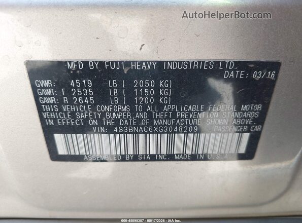 4S3BNAC6XG3048209 2016 SUBARU LEGACY Серебряный Вид подкапотного пространства