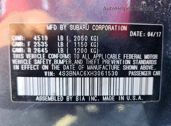 4S3BNAC6XH3061530 2017 SUBARU LEGACY Gray VIN კოდის სტიკერის ხედი