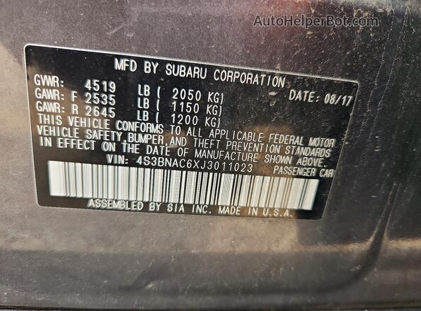4S3BNAC6XJ3011023 2018 SUBARU LEGACY Gray Вид наклейки з VIN-кодом