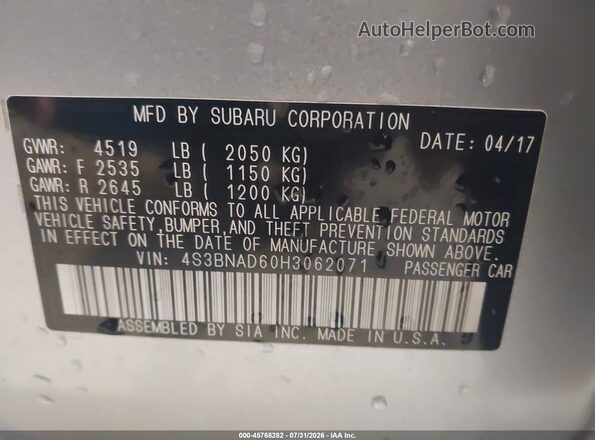 4S3BNAD60H3062071 2017 SUBARU LEGACY Silver ძრავის განყოფილების ხედი