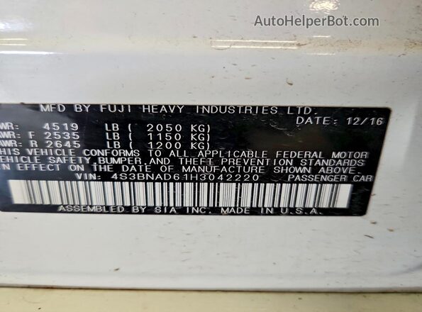 4S3BNAD61H3042220 2017 SUBARU LEGACY White Vista del compartimento del motor
