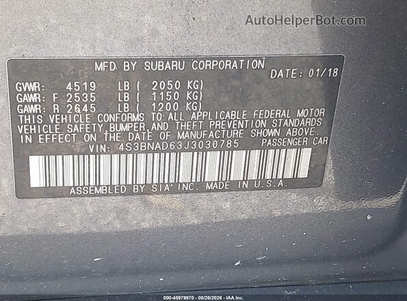 4S3BNAD63J3030785 2018 SUBARU LEGACY Gray Widok komory silnika