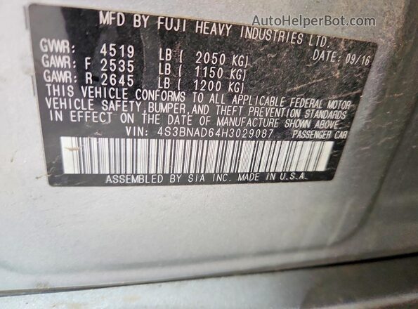 4S3BNAD64H3029087 2017 SUBARU LEGACY Silver Engine compartment view