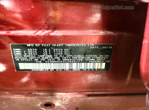 4S3BNAD65G3064171 2016 SUBARU LEGACY Red Vista del compartimento del motor