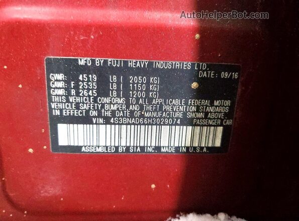 4S3BNAD66H3029074 2017 SUBARU LEGACY Красный Вид подкапотного пространства