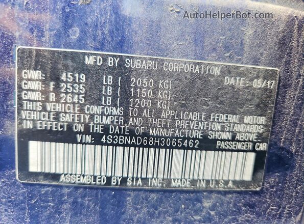 4S3BNAD68H3065462 2017 SUBARU LEGACY Blue Շարժիչի բաժամունքի տեսք
