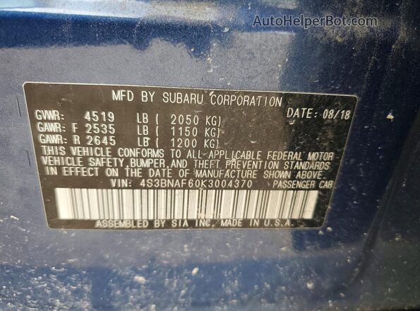 4S3BNAF60K3004370 2019 SUBARU LEGACY Blue Widok komory silnika