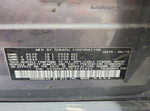 4S3BNAF62K3040903 2019 SUBARU LEGACY Gray Շարժիչի բաժամունքի տեսք