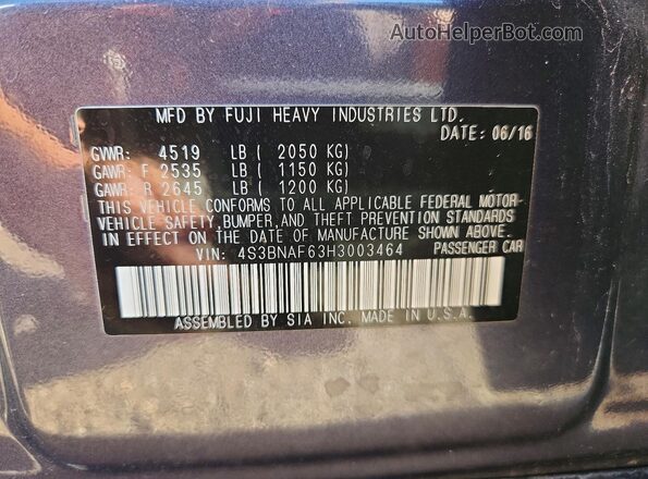 4S3BNAF63H3003464 2017 SUBARU LEGACY Gray Вид наклейки з VIN-кодом
