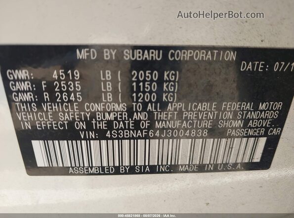 4S3BNAF64J3004838 2018 SUBARU LEGACY White Вид підкапотного простору