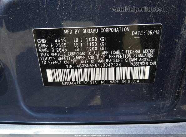 4S3BNAF64J3042134 2018 SUBARU LEGACY Blue Շարժիչի բաժամունքի տեսք