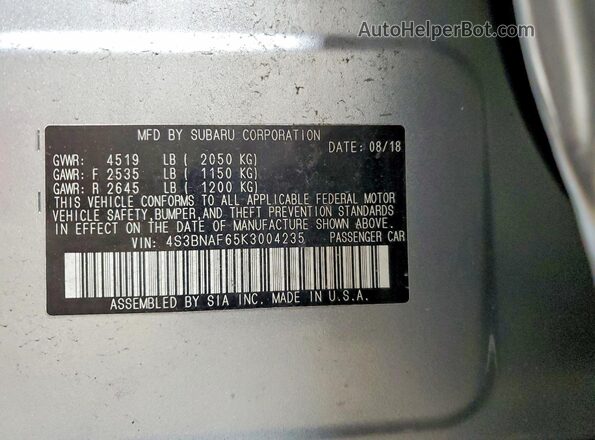 4S3BNAF65K3004235 2019 SUBARU LEGACY Silver Vista de la etiqueta del VIN