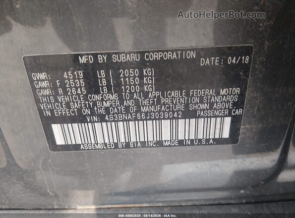 4S3BNAF66J3039042 2018 SUBARU LEGACY Gray Widok komory silnika