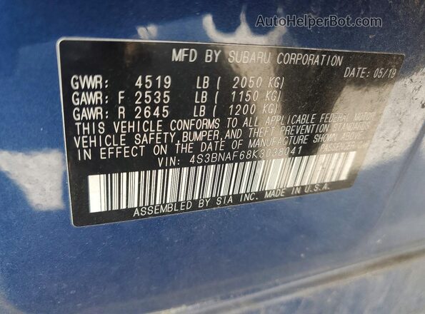4S3BNAF68K3038041 2019 SUBARU LEGACY Blue Vista de la etiqueta del VIN