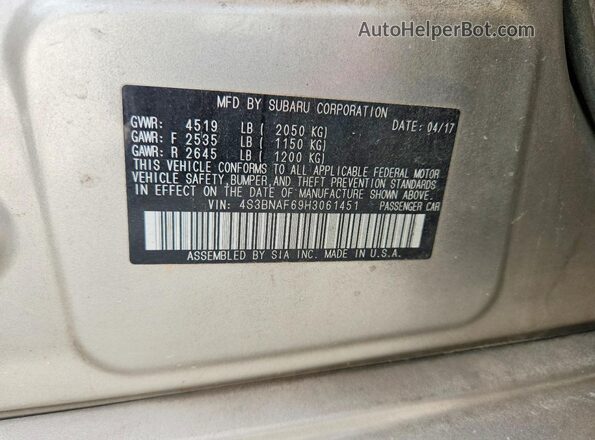 4S3BNAF69H3061451 2017 SUBARU LEGACY Серебряный Вид подкапотного пространства
