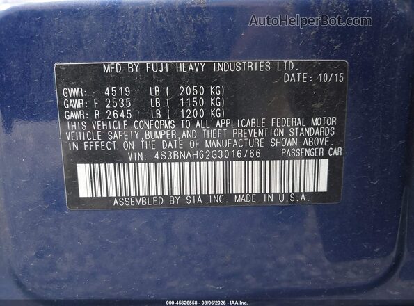4S3BNAH62G3016766 2016 SUBARU LEGACY Синий Вид подкапотного пространства