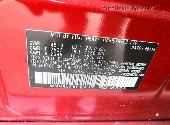 4S3BNAH65G3014882 2016 SUBARU LEGACY Red Widok komory silnika