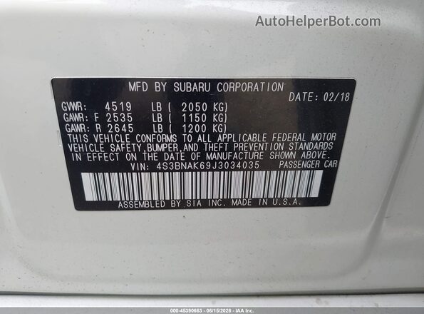 4S3BNAK69J3034035 2018 SUBARU LEGACY White Engine compartment view
