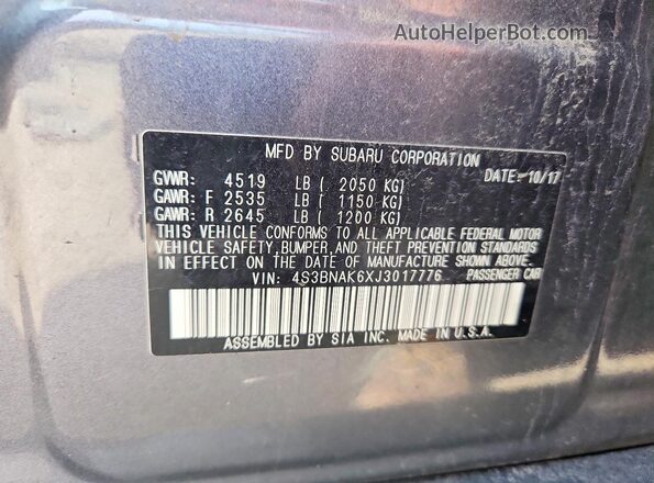 4S3BNAK6XJ3017776 2018 SUBARU LEGACY Gray ძრავის განყოფილების ხედი