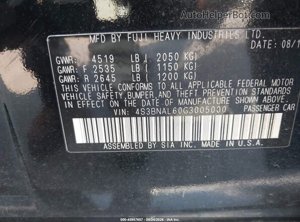 4S3BNAL60G3005000 2016 SUBARU LEGACY Black Vista del compartimento del motor