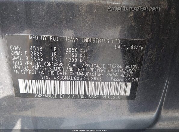 4S3BNAL60G3053645 2016 SUBARU LEGACY Gray Շարժիչի բաժամունքի տեսք