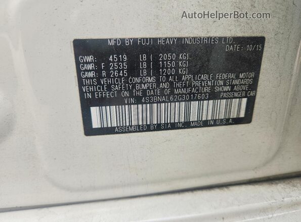 4S3BNAL62G3017603 2016 SUBARU LEGACY White VIN կոդի պիտակի տեսք