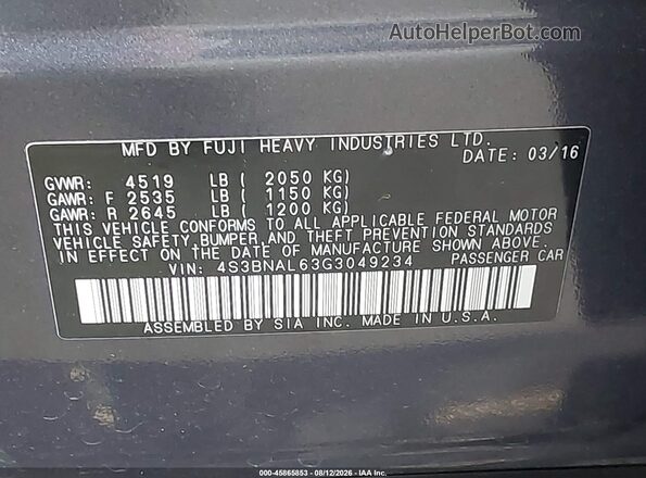 4S3BNAL63G3049234 2016 SUBARU LEGACY Gray Widok komory silnika