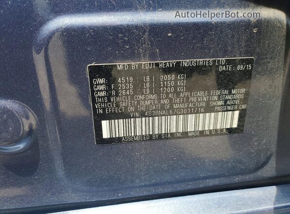 4S3BNAL67G3011716 2016 SUBARU LEGACY Blue VIN կոդի պիտակի տեսք