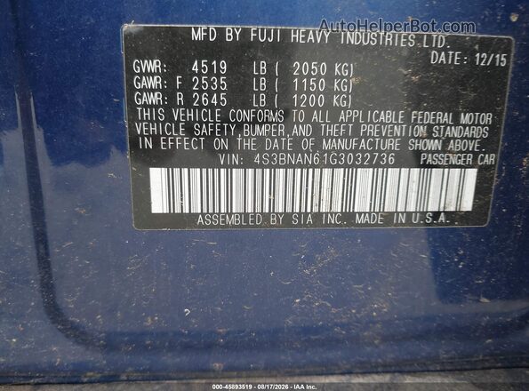 4S3BNAN61G3032736 2016 SUBARU LEGACY Blue Вид підкапотного простору