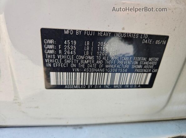 4S3BNAN61G3061556 2016 SUBARU LEGACY White VIN կոդի պիտակի տեսք