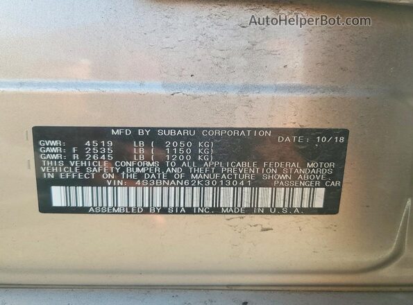 4S3BNAN62K3013041 2019 SUBARU LEGACY Tan Вид наклейки з VIN-кодом