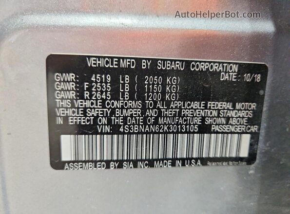 4S3BNAN62K3013105 2019 SUBARU LEGACY Silver Vista del compartimento del motor