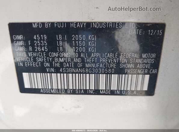 4S3BNAN68G3030580 2016 SUBARU LEGACY Белый Вид подкапотного пространства