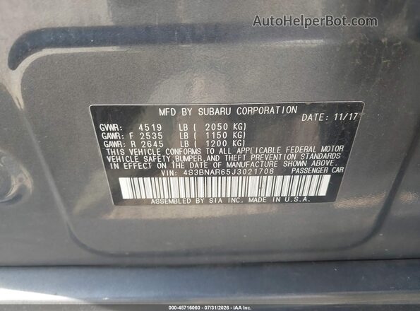 4S3BNAR65J3021708 2018 SUBARU LEGACY Gray Widok komory silnika