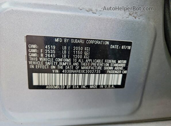 4S3BNAR6XK3002735 2019 SUBARU LEGACY Silver ძრავის განყოფილების ხედი