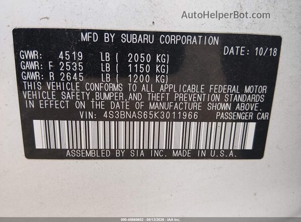 4S3BNAS65K3011966 2019 SUBARU LEGACY White Շարժիչի բաժամունքի տեսք