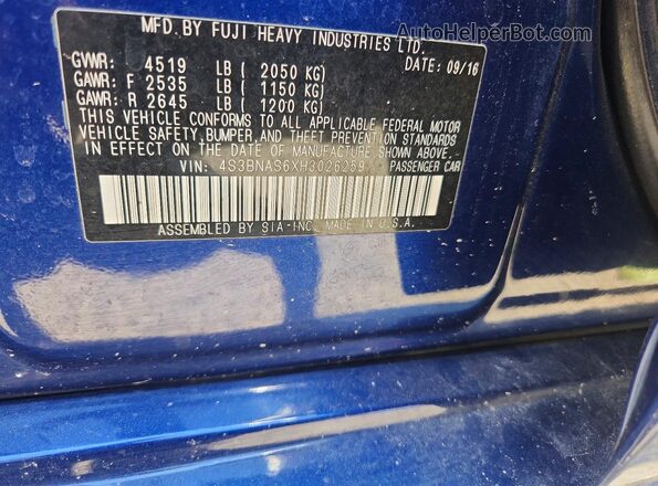 4S3BNAS6XH3026259 2017 SUBARU LEGACY Blue Widok komory silnika