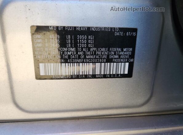4S3BNBF69G3002808 2016 SUBARU LEGACY Silver ძრავის განყოფილების ხედი