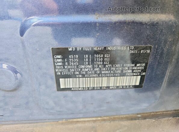 4S3BNBL63G3035145 2016 SUBARU LEGACY Blue Շարժիչի բաժամունքի տեսք