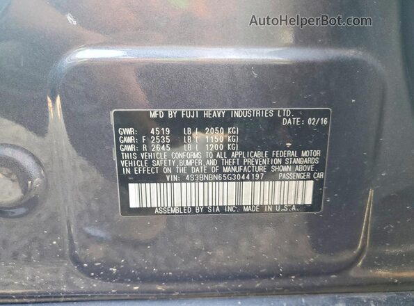 4S3BNBN65G3044197 2016 SUBARU LEGACY Gray VIN կոդի պիտակի տեսք