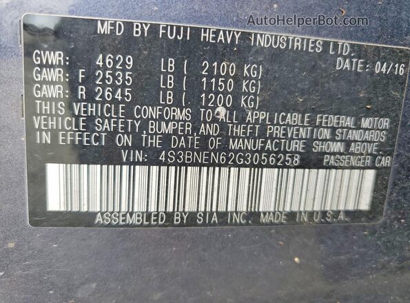 4S3BNEN62G3056258 2016 SUBARU LEGACY Blue Շարժիչի բաժամունքի տեսք