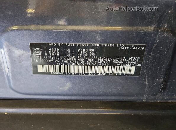 4S3BNEN62H3014593 2017 SUBARU LEGACY Серый Вид подкапотного пространства