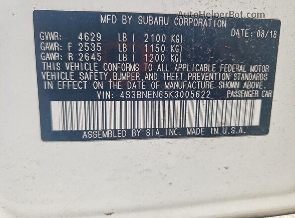 4S3BNEN65K3005622 2019 SUBARU LEGACY White Вид наклейки з VIN-кодом