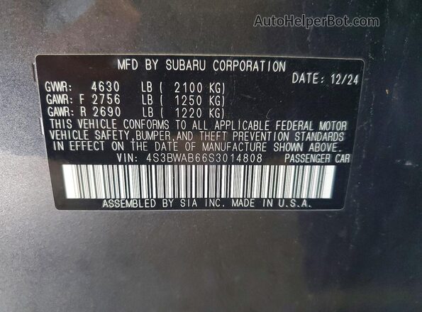 4S3BWAB66S3014808 2025 SUBARU LEGACY Gray Вид наклейки з VIN-кодом