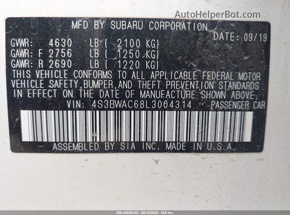 4S3BWAC68L3004314 2020 SUBARU LEGACY White Вид підкапотного простору