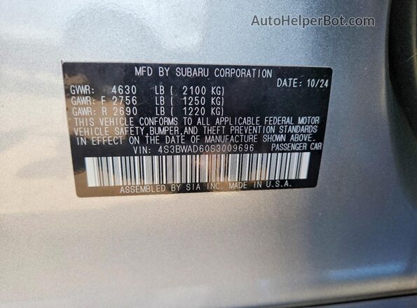 4S3BWAD60S3009696 2025 SUBARU LEGACY Silver Вид підкапотного простору