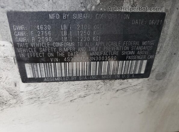 4S3BWAD63N3003590 2022 SUBARU LEGACY White VIN კოდის სტიკერის ხედი