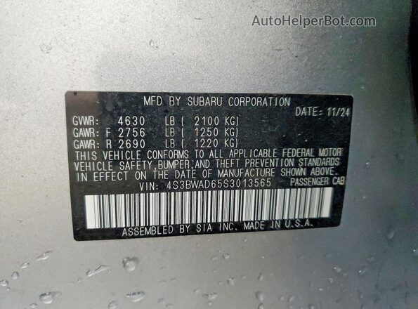4S3BWAD65S3013565 2025 SUBARU LEGACY Silver VIN sticker view