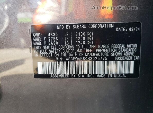 4S3BWAF60R3025775 2024 SUBARU LEGACY Gray VIN sticker view